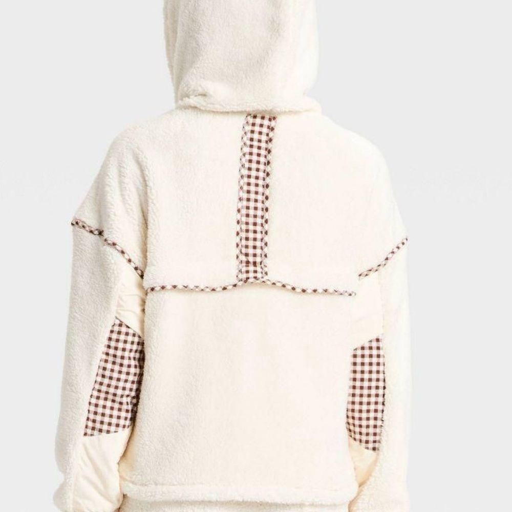 JoyLab Cream Sherpa Zip Hoodie with Gingham Trim - Picture 2 of 6
